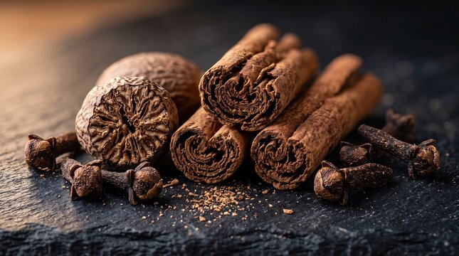 Dried cinnamon sticks and cloves on dark rustic slate background. Natural spices with nutmeg and powder. Closeup of aromatic brown botanical textures.