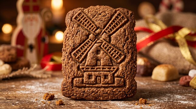 Traditional Dutch Speculoos Cookie with Windmill Design. Delicious Spiced Biscuits for Sinterklaas Celebration. Warm tones, festive atmosphere.
