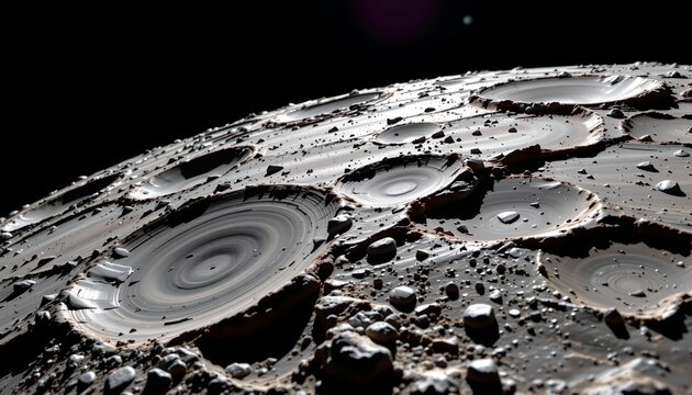 The image depicts a rugged, cratered surface resembling a planetary body or moon, with numerous circular formations and scattered rocks of various sizes