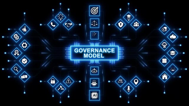 Governance model technology icons network with structure policy management icon system illustrating compliance framework regulation control . with neon toolbox any item use for animation