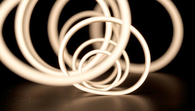 The image features a series of illuminated, overlapping rings arranged in a seemingly random pattern, creating a dynamic and abstract visual