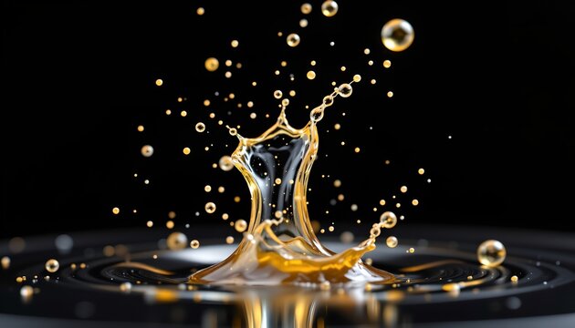 The image captures a dynamic splash of a golden liquid, likely oil, rising abruptly from the surface of a dark, reflective liquid, creating an intricate pattern of droplets and tendrils