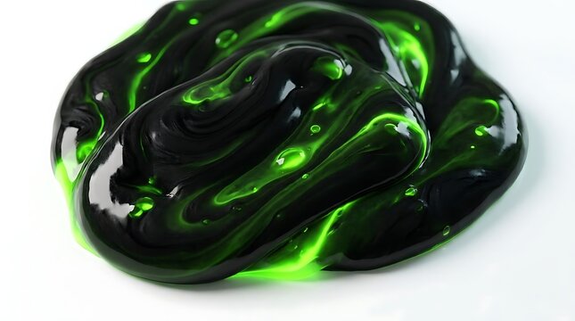 Glossy black liquid mass with neon green glowing core.