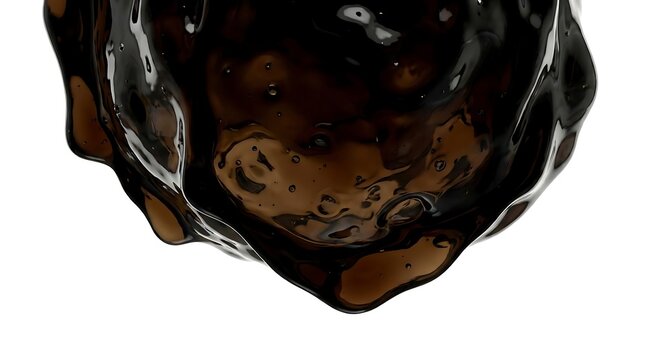Glossy black viscous liquid drop splashing on white.
