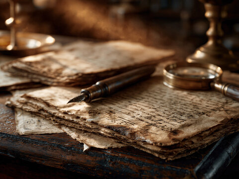 Aged documents with worn edges on dark wood desk, vintage pen and brass magnifier, warm amber light, sepia tones, documentary style photography, right side copy space for historical or educational...