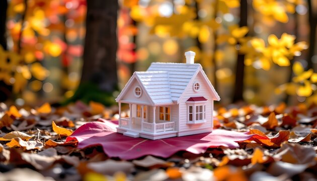 A small, detailed model of a house with a white exterior, multiple windows, a chimney, and a porch is set on a pink cloth in a forest clearing