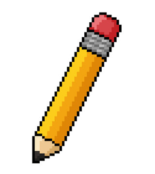 yellow pencil with eraser pixel art icon vector illustration