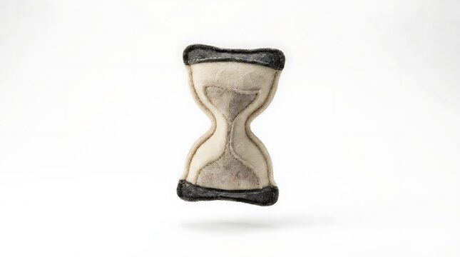 Floating textured hourglass concept on white background.
