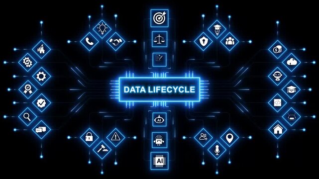 Data lifecycle network animation with connected digital icons and glowing nodes, abstract data processing, management and analytics workflow visualization with neon toolbox any item use for animation.