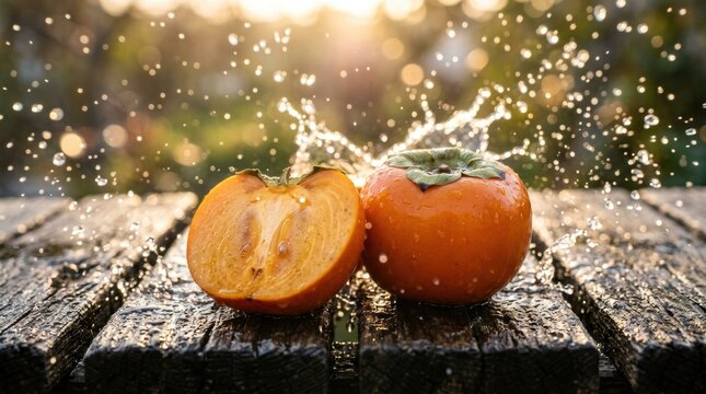 A vibrant halved and whole persimmon resting on a weathered wooden surface with refreshing water splashes against a golden sunset backdrop