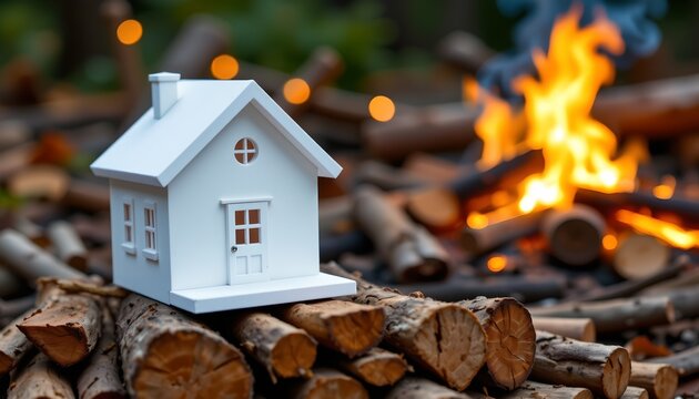 The image features a small, white model house placed on a pile of chopped logs. In the background, there is a campfire with bright flames and glowing embers, surrounded by more logs and wood pieces