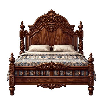 Luxury carved wooden bed frame with ornate headboard and vintage style bedroom furniture.