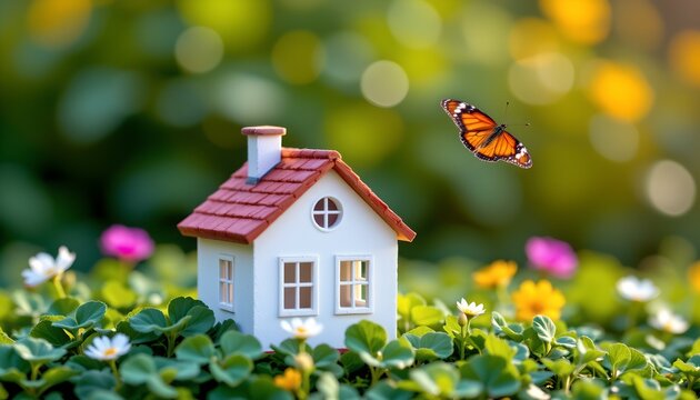 The image features a small, white model house with a red tiled roof, set amidst a lush bed of greenery and colorful flowers