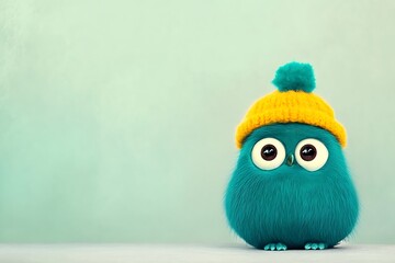 Fototapeta premium Blue stuffed owl wearing a yellow knitted hat