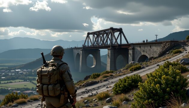 A soldier in tactical gear and a helmet gazes toward a large, aged railway bridge that spans a deep valley with rolling hills and mountains in the background