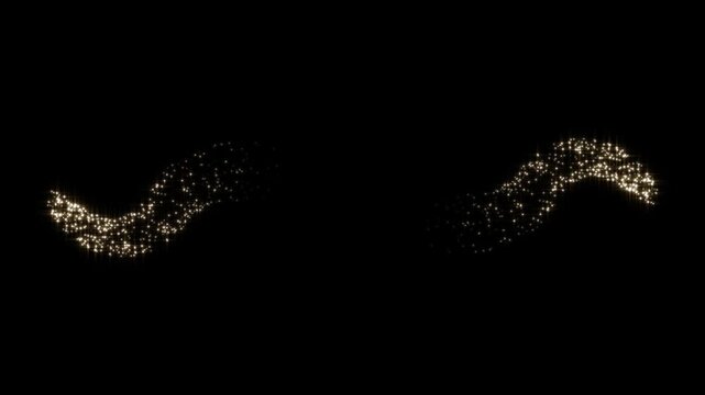 Shimmering golden glitter particles trail animation, glowing star sparkle burst effect with magic fairy dust light motion visual asset overlay for festive visuals on black background. 4k