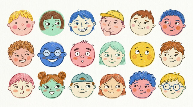 Isolated Diverse Children Emotions Face Circles Colored Pencil Illustration