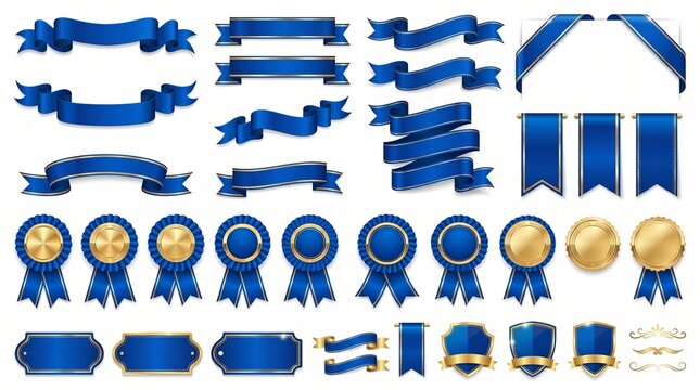 Elegant blue ribbon and medal collection, a versatile graphic resource set for awards and celebrations. Luxurious blue banners, golden badges, and decorative ribbons for premium design elements.