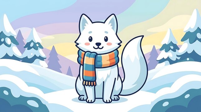 Cute cartoon white arctic fox wearing warm scarf.