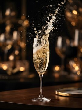 A glass of sparkling champagne splashing with golden bubbles on a dark background.