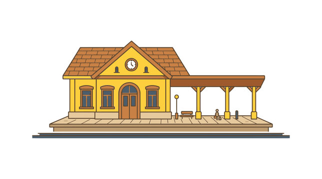 Vintage train station building with a covered platform isolated on a white background.