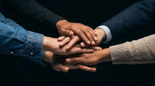 Diverse group of hands stacked in teamwork gesture.