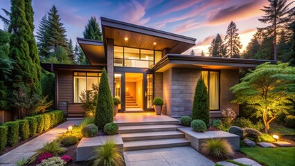 Fototapeta premium Modern Residence with Illuminated Exterior and Lush Landscaping at Dusk