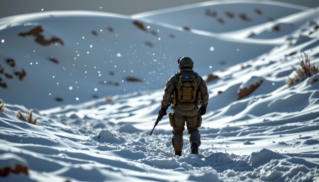 A soldier is walking through a snow covered landscape, facing away from the camera. The terrain is rugged with gentle slopes, and snow is falling softly around him