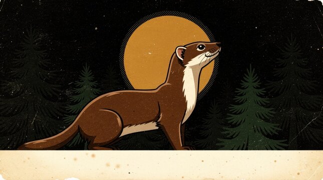 Weasel illustration standing in a night forest under a full moon. Retro comic art style featuring a mustelid and pine trees with vintage texture. Nocturnal wildlife concept for nature branding.