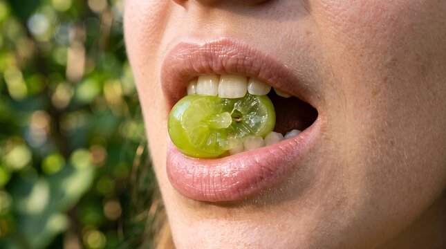 Close up of a womans mouth biting into a green grape.