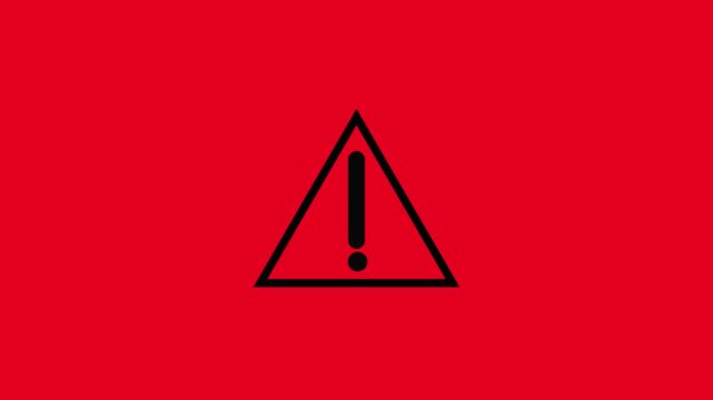 Warning sign animation: black exclamation mark in triangle on red background, for safety alerts, and hazard notifications