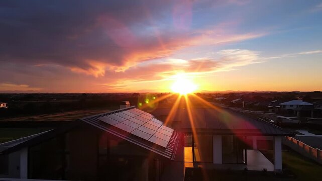 Modern house with solar panels on the roof under a colorful sunset sky promoting renewable energy