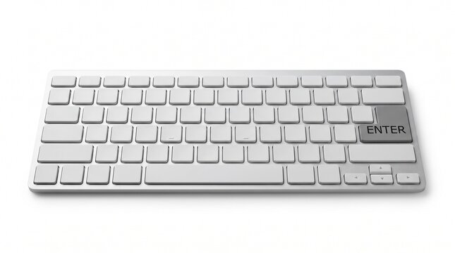 Modern white computer keyboard with gray enter key, sleek wireless aluminum keypad, minimalist office hardware on white background