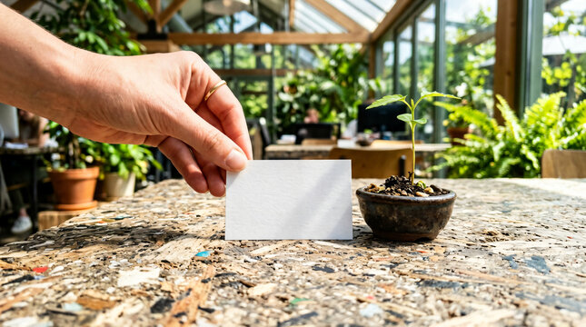 Hand holding a blank white card next to a small potted plant in a greenhouse