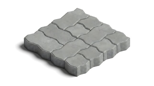 Gray interlocking concrete paver block on white background.