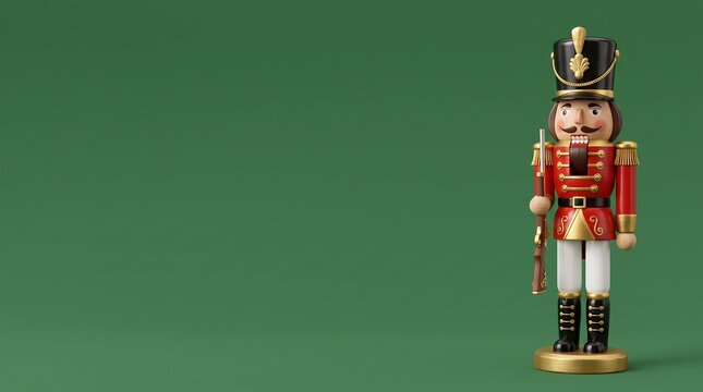 A traditional wooden nutcracker soldier figurine standing on a solid dark green background.