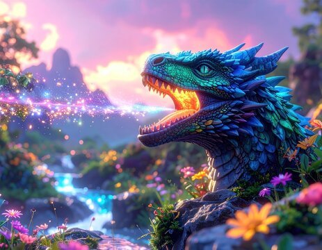 Vibrant blue fantasy dragon breathing light in magic forest.