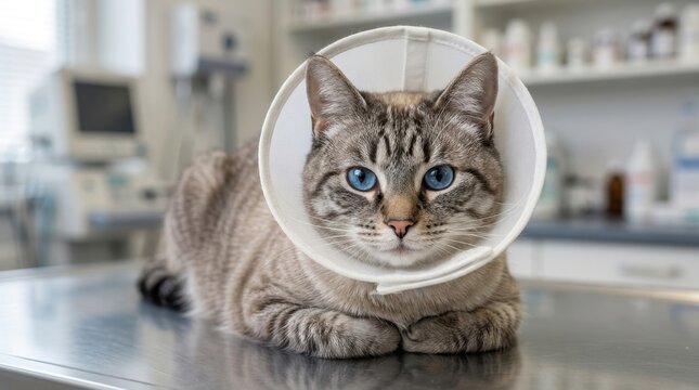 Tabby cat wearing a veterinary cone collar rests on an examination table.