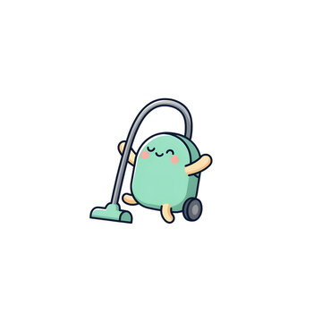 Cute happy little green character cleaning the house using a modern vacuum cleaner machine