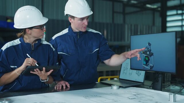 Caucasian male supervisor and female engineer discussing factory machinery. Highlighting teamwork, communication, and control in manufacturing.