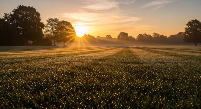 Striped green lawn illuminated by warm sunrise or sunset light representing a perfect concept for highly professional media use