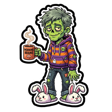 Cartoon zombie character wearing a colorful striped hoodie and cute bunny slippers with coffee