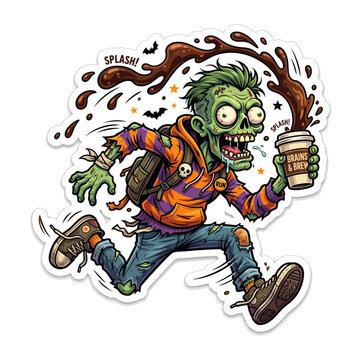 Funny green zombie running fast while holding a cup of hot coffee with a splash