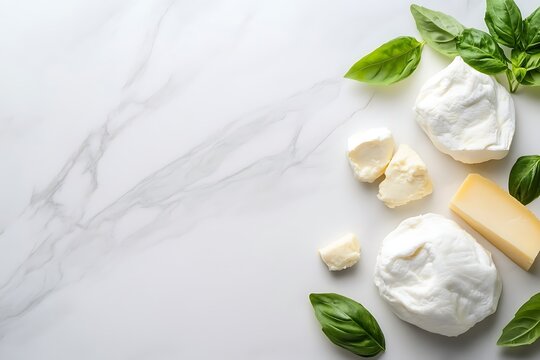 Fresh Mozzarella and Ricotta Cheese with Green Basil Leaves on Marble Surface