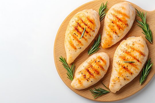 Grilled Chicken Breasts with Rosemary Garnish on Wooden Platter for Healthy Meal Preparation