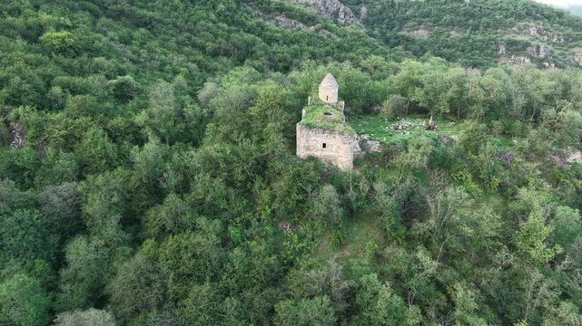 4K Aerial View of Arakelots Monastery Surrounded by Forest in Acharkut, Tavush, Armenia.