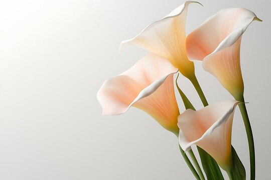 Elegant Close-Up of Soft Peach Calla Lilies on a Neutral Background for Modern Decor and Floral Design