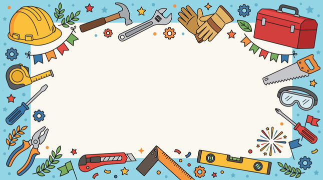 Labor day celebration border frame template with construction hand tools safety gear and central copy space