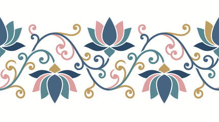 Fototapeta premium Lotus flower border pattern displays ornamental floral scrollwork in vintage decorative style.