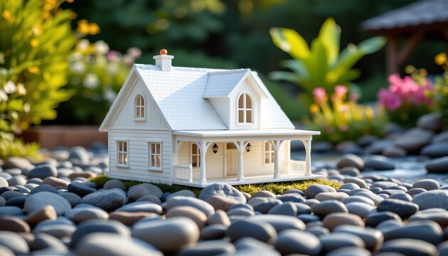 The image features a miniature white house placed on a bed of smooth, rounded pebbles. The house has a classic design with a pitched roof, dormer windows, and a front porch with railings